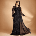 thumbnail image 2 of AURA Plus Size Sequin Round Neck Evening Gown Long Sleeve Elegant Slim Fit Formal Party Maxi Dress, 2 of 8
