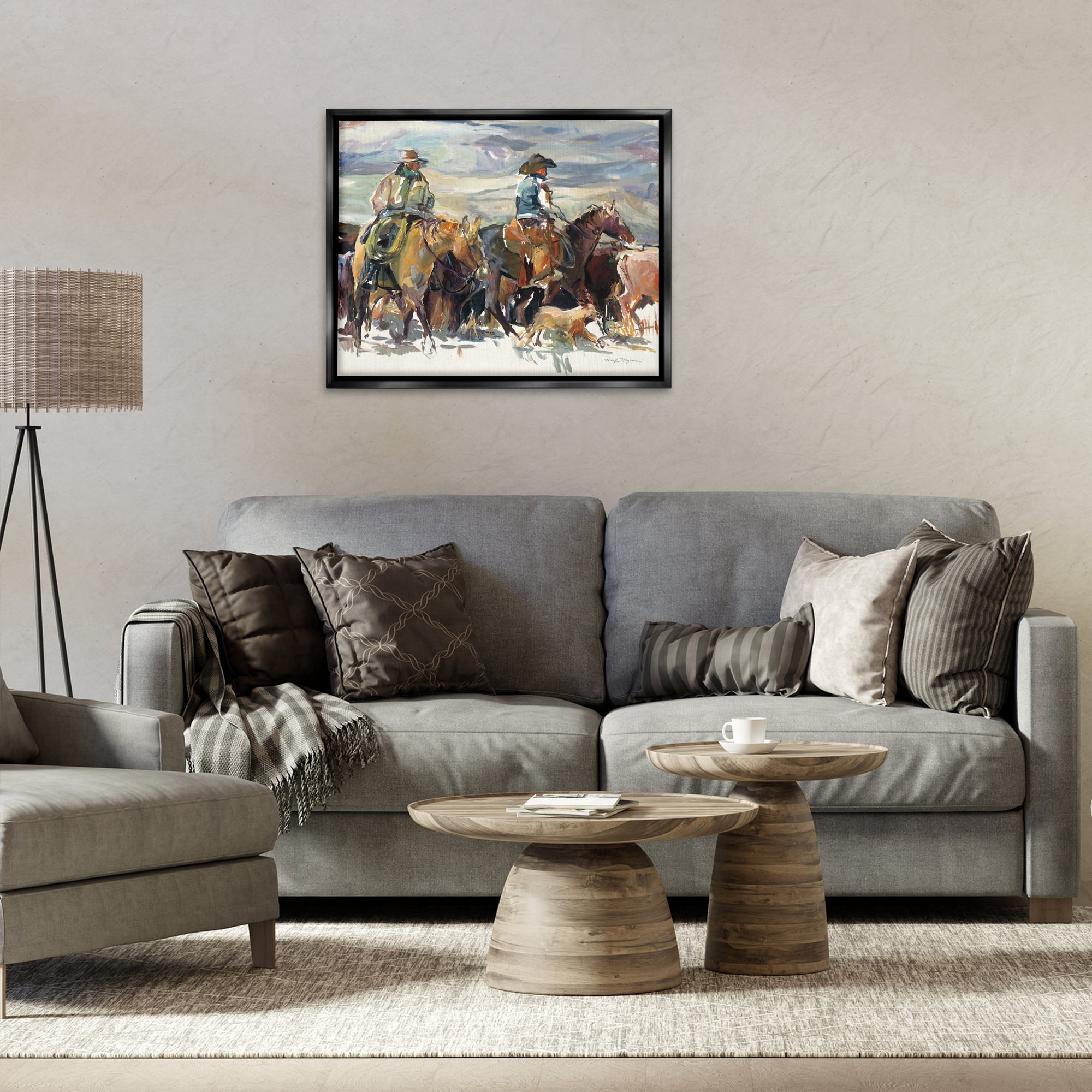 Stupell Industries The Roundup Western Painting Animals Painting Black Floater Framed Canvas Art Print Wall Art, 31 x 25