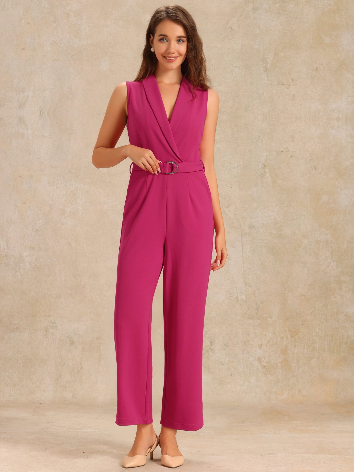 DARING DIVA Women's Casual Sleeveless Shawl Collar Office Jumpsuit L Hot Pink