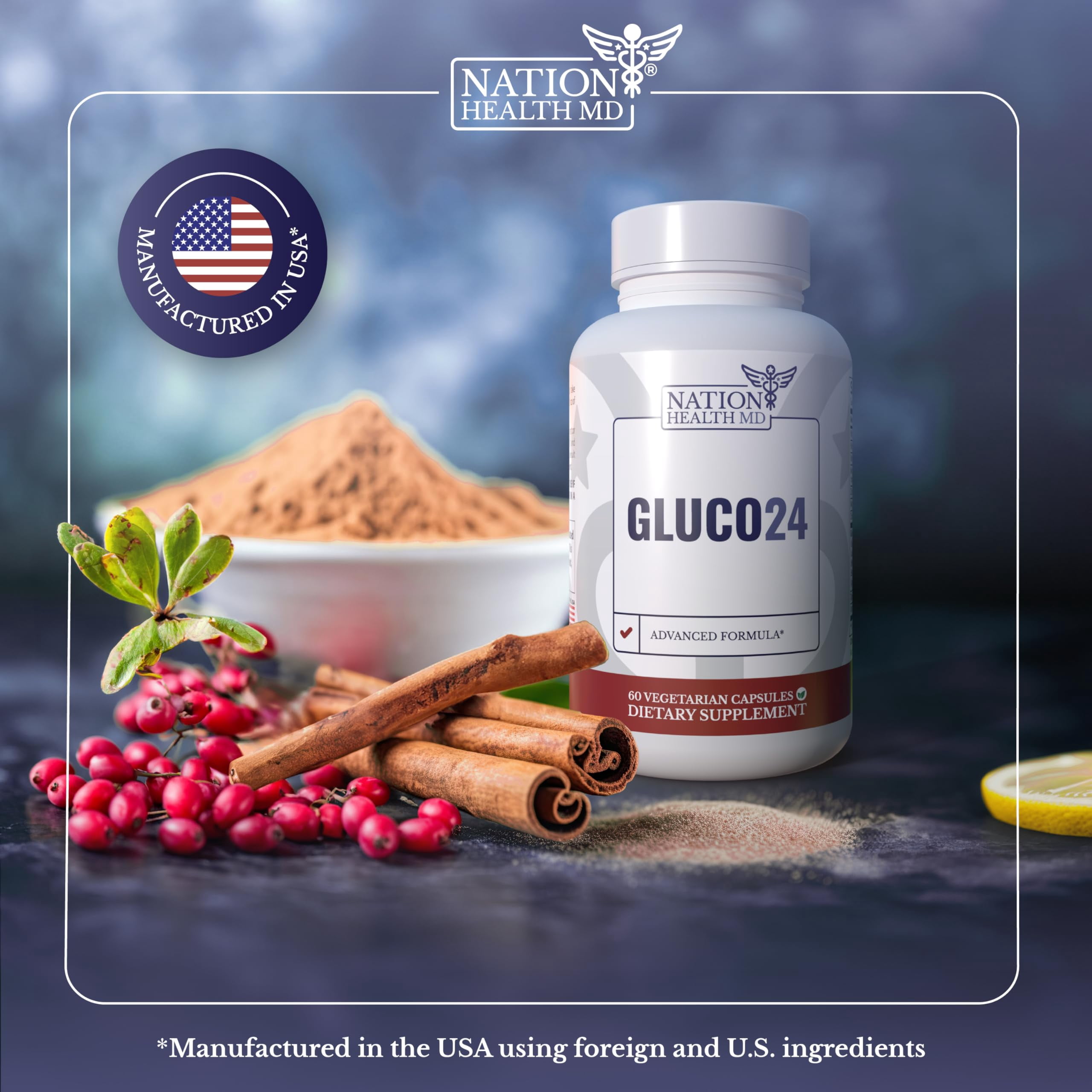 Nation Health MD Gluco24 - Berberine & Ceylon Cinnamon Formula, 6 Bottles