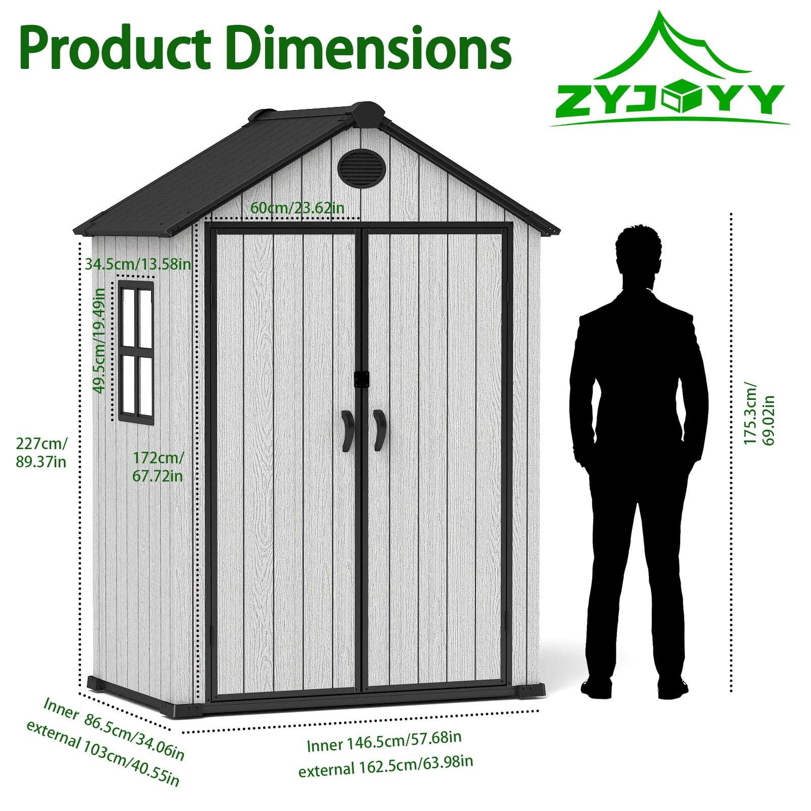 ZYJOYY 5.3'x3.4' Plastic Outdoor Storage Shed with Floor & Window, Resin Garden Tool Shed for Backyard