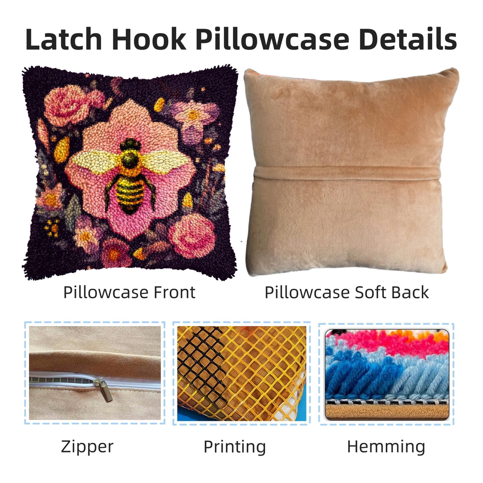 Cartoon Bee among Flowers DIY Latch Hook Pillow Kits for Adults Printed Pillowcase Crochet Yarns Hooking Handmade Pillow Cover Cushion for Home Sofa Decoration 17x17inch