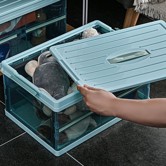 Contenedor de almacenamiento plegable de 30 L con tapa, caja de almacenamiento gruesa impermeable para mantas, ropa, libros debajo de la cama en automóviles, azul