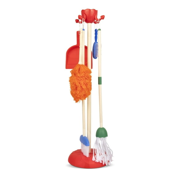 Playkidz Cleaning Role Set, 6Pcs, Includes Mop, Brush, Broom, Dustpan, and Organizer Stand, Play Helper Realistic Housekeeping Set, Recommended for Ages 3 