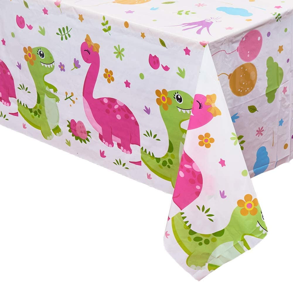 WERNNSAI Dinosaur Printed Tablecloth 2 PCS 86.6 x 52 Rectangular Plastic Disposable Table Covers Birthday Baby Shower Tea Party Dinosaur Party Supplies for Kids Girls 