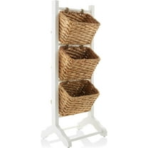 WYDK 3-Tier Floor Stand with Water Hyacinth Storage Baskets, White/Natural - Standing Organizer Rack for Bathroom, Kitchen, Laundry, Living Room
