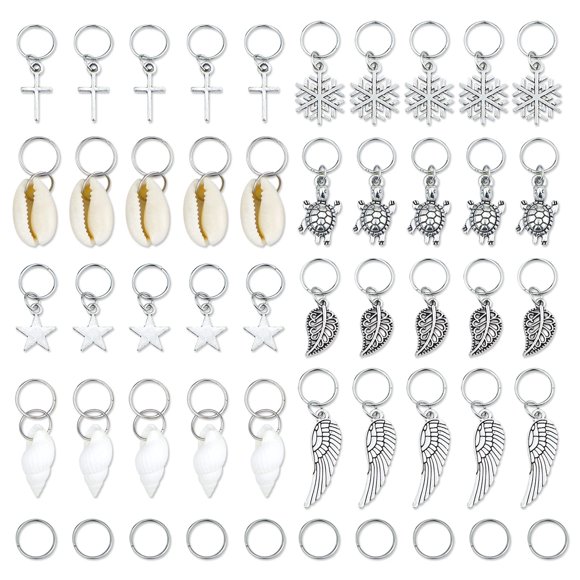 JIALEEY Anneaux de Tresses 50 Pcs Boucles de Cheveux Clips Argent Anneau Coquillage Feuilles Étoile Conque Flocon de Neige Pendentif Breloques Ensemble Pince à Cheveux Bandeau Accessoires