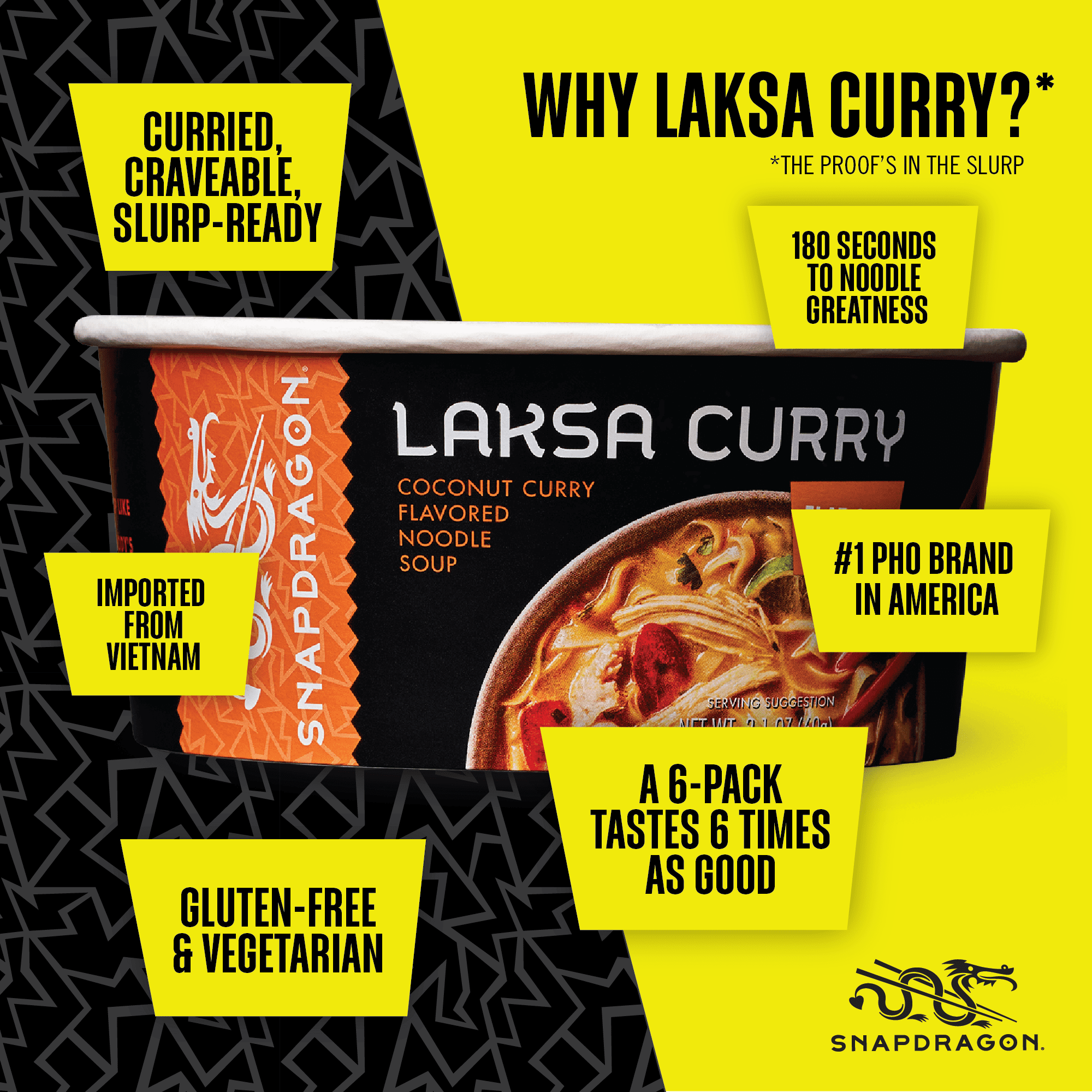 Snapdragon Laksa Curry Pho Spicy Instant Noodle Soup Broth with Gluten-Free Rice Noodles (2.1 oz Each, 6 Count), Shelf-Stable, Bowls