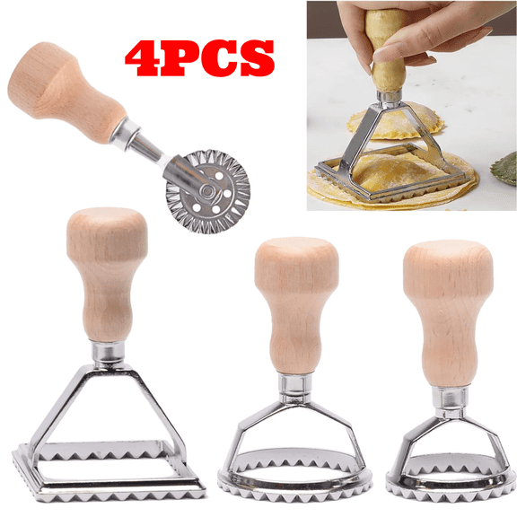 4pcs Ravioli Stamp Maker Cutter with Roller Wheel Set, Mold with Wooden Handle and Fluted Edge, Pasta Press Kitchen Attachment