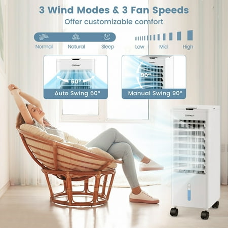 Costway Evaporative Air Cooler Fan Portable Oscillating Swamp with 3 Speeds Modes Remote - White