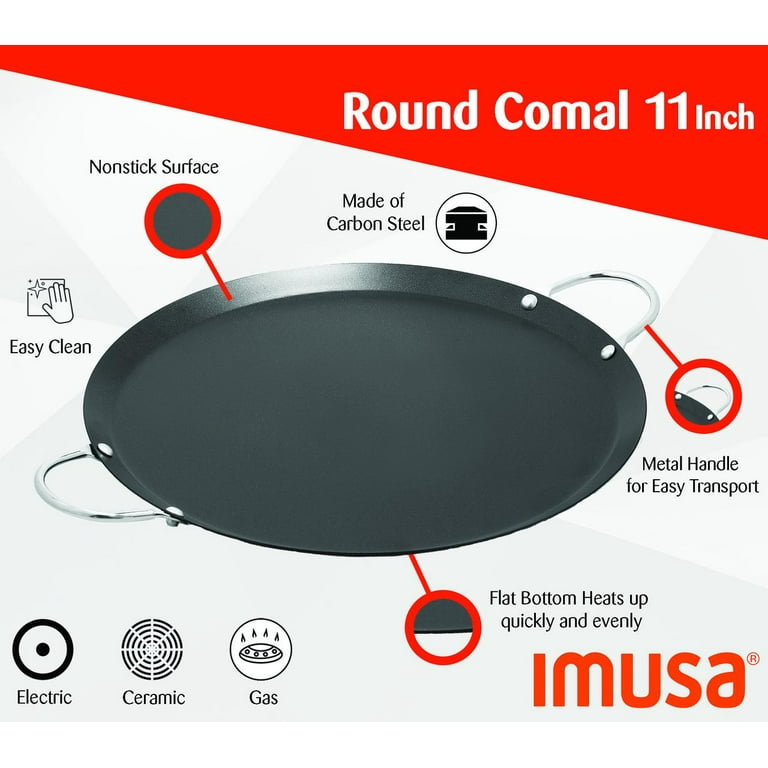 Imusa 11 Round Nonstick Carbon Steel Comal or Grill Pan with Metal Side  Handles, Black