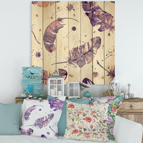 Designart 'Ethnic Purple Feathers Composition' Bohemian & Eclectic Print on Natural Pine Wood