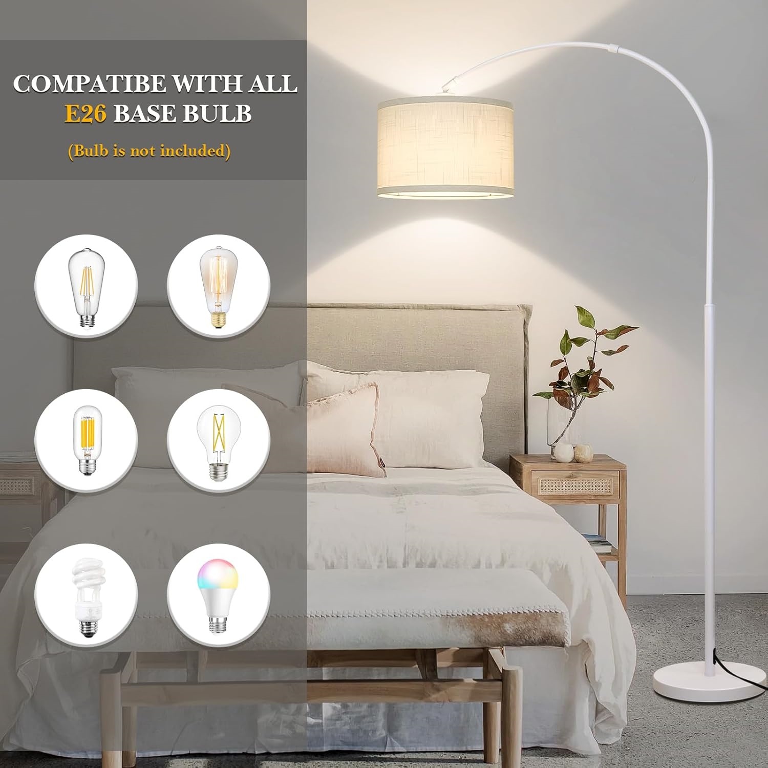 White Floor Lamp, Modern Floor Lamp for Living Room with Adjustable Lamp Head, Tall Pole Standing Lamp with On/Off Pedal Switch, Over Couch Reading Light for Bedroom, Office, Study Room
