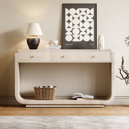 Harper & Bright Designs Farmhouse Rectangular Console Table with Storage, Narrow Entryway Table with 3 Drawers and Shelf, Wood Curved Sofa Table for Living Room, Hallway, Beige