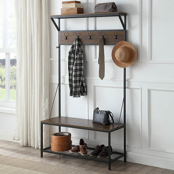 Belleze 70 Inch Industrial Bench Hall, Espresso Entryway Mini Hall Tree With Mirror Coat Hooks And Storage Bench