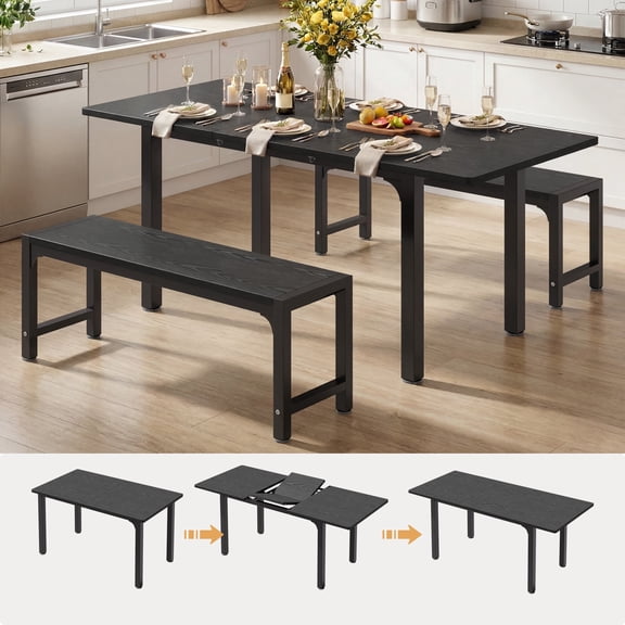 Asofer 63” Kitchen Table Sets with 2 Benches for Small Spaces, Extendable Dining Table Set for 4, Black
