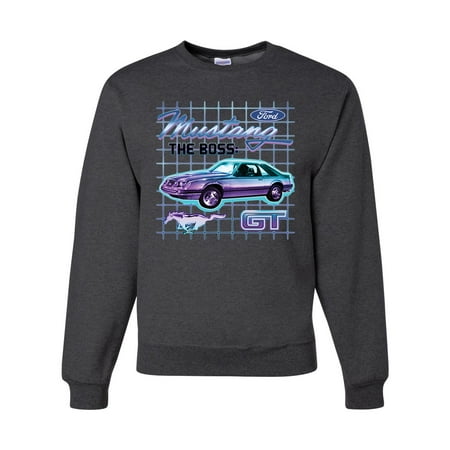 Ford Mustang GT The Boss Retro Neon Vintage | Mens Cars and Trucks Crewneck Graphic Sweatshirt, Heather Black, Large