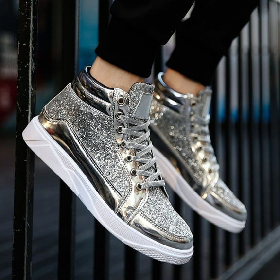 Mens Glitter Sparkly Shoes Sequin Boots High Shiny Top Sneakers (Silver 7)