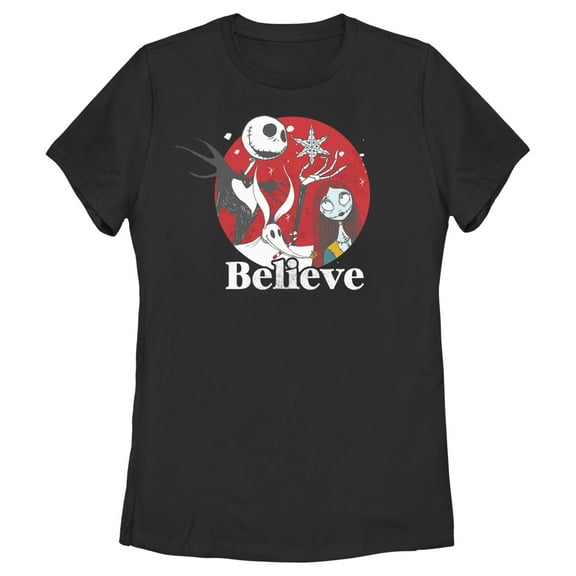 Women's The Nightmare Before Christmas Christmas Believe Jack and Sally Graphic Tee Black X Large