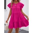 thumbnail image 4 of Hot Pink Solid Ruffle Hem Smock Dress With Flutter Sleeves For Casual Holiday Wear, 4 of 6