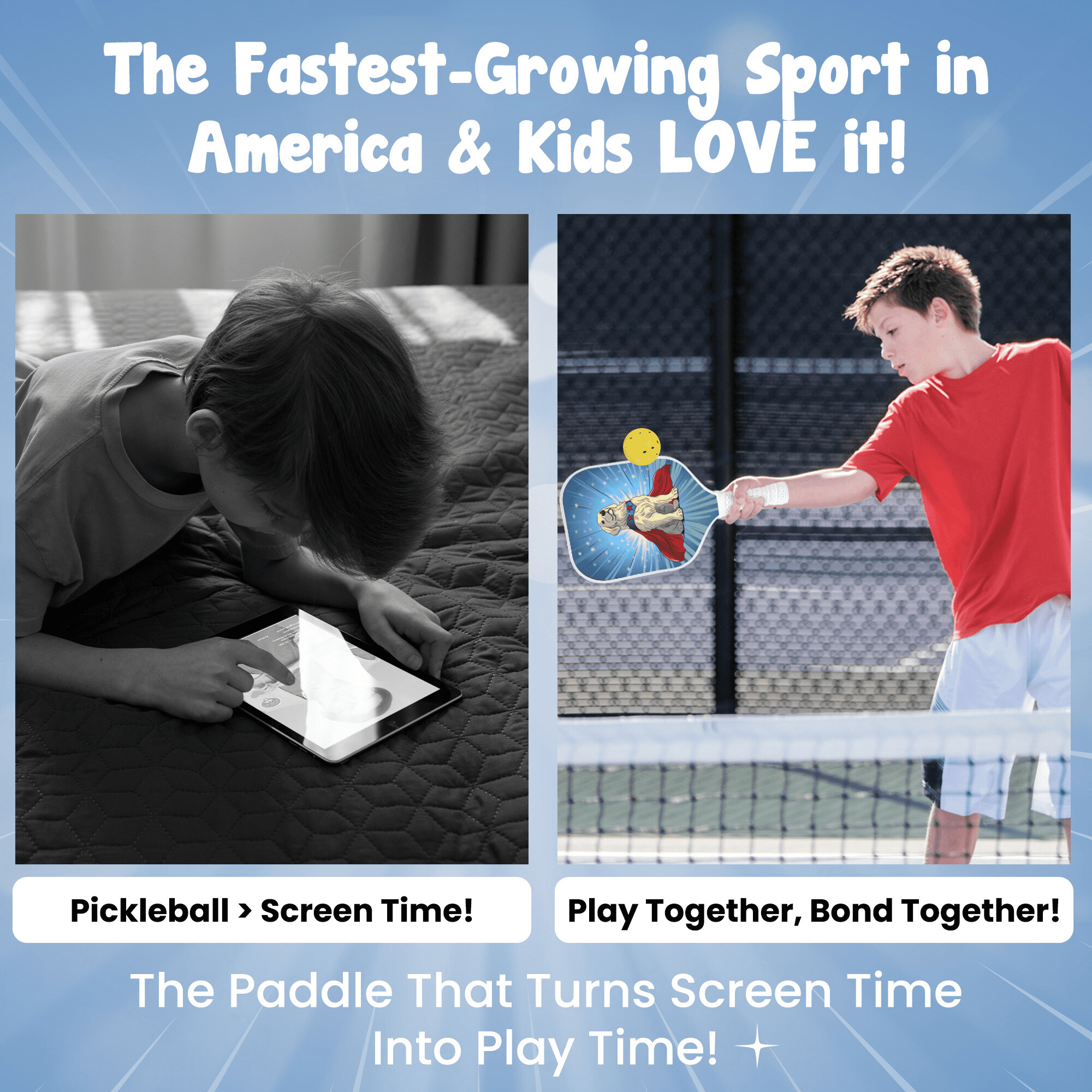 Kids Pickleball Paddle – Dog Design for Ages 3–12 | Lightweight 0.37 lb Fiberglass Paddle with Small Grip | Beginner-Friendly Paddle for Boys & Girls