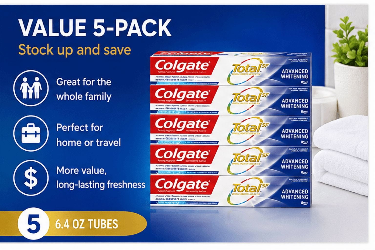 Colgate Total SF Advanced Whitening Toothpaste, 6.4 Ounce (Pack of 5)