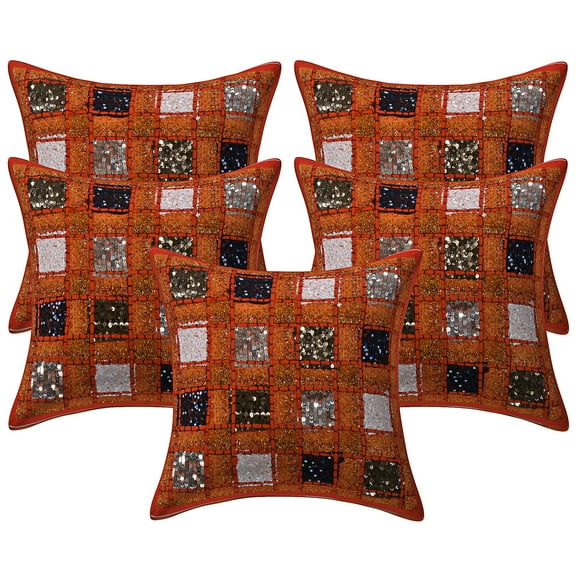 Stylo Culture Ethnic Settee Sofa Throw Pillow Covers 16x16 Patchwork Embroidered Orange Sequins 40x40 cm Home Decor Cotton Geometric Square Cushion Covers | Set Of 5