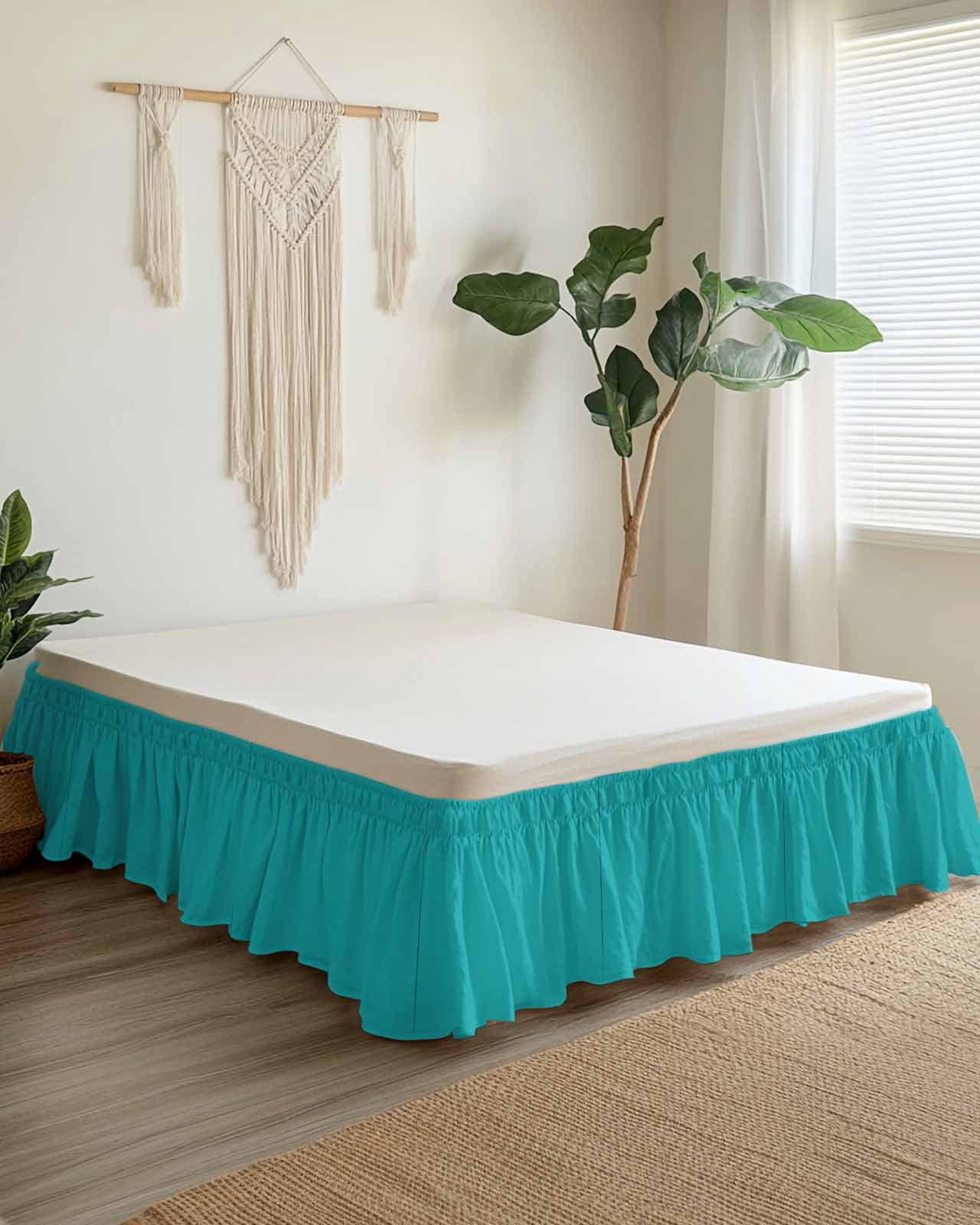 Teal Blue Bed Skirt Solid Color Bed Skirts Queen Size 16 Inch Drop, Wrap Around Dust Ruffle&nbsp;Bedskirt with Adjustable Elastic Belt for Queen Size Beds