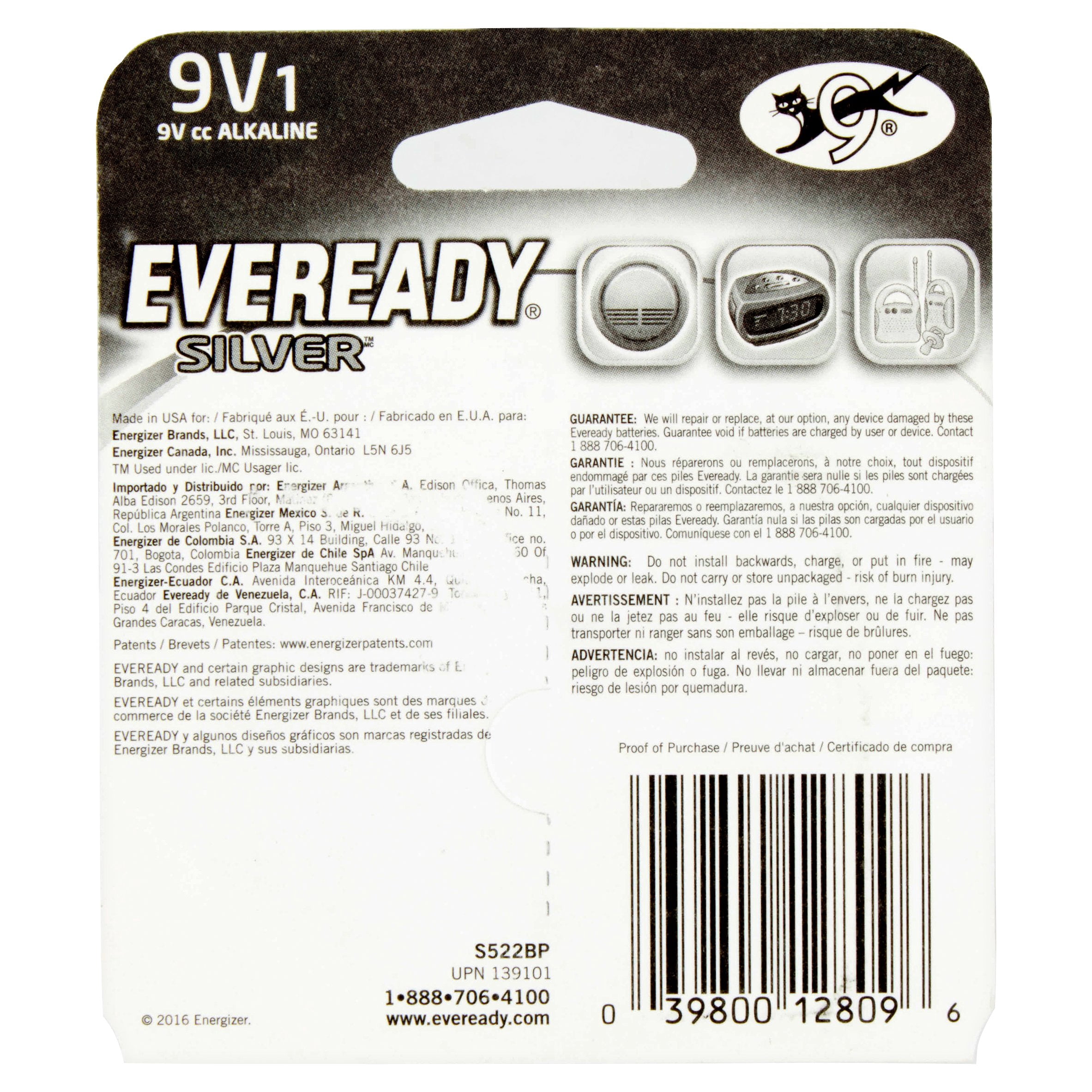 Eveready Silver Alkaline 9V Batteries, 1 Pack of 9 Volt Batteries