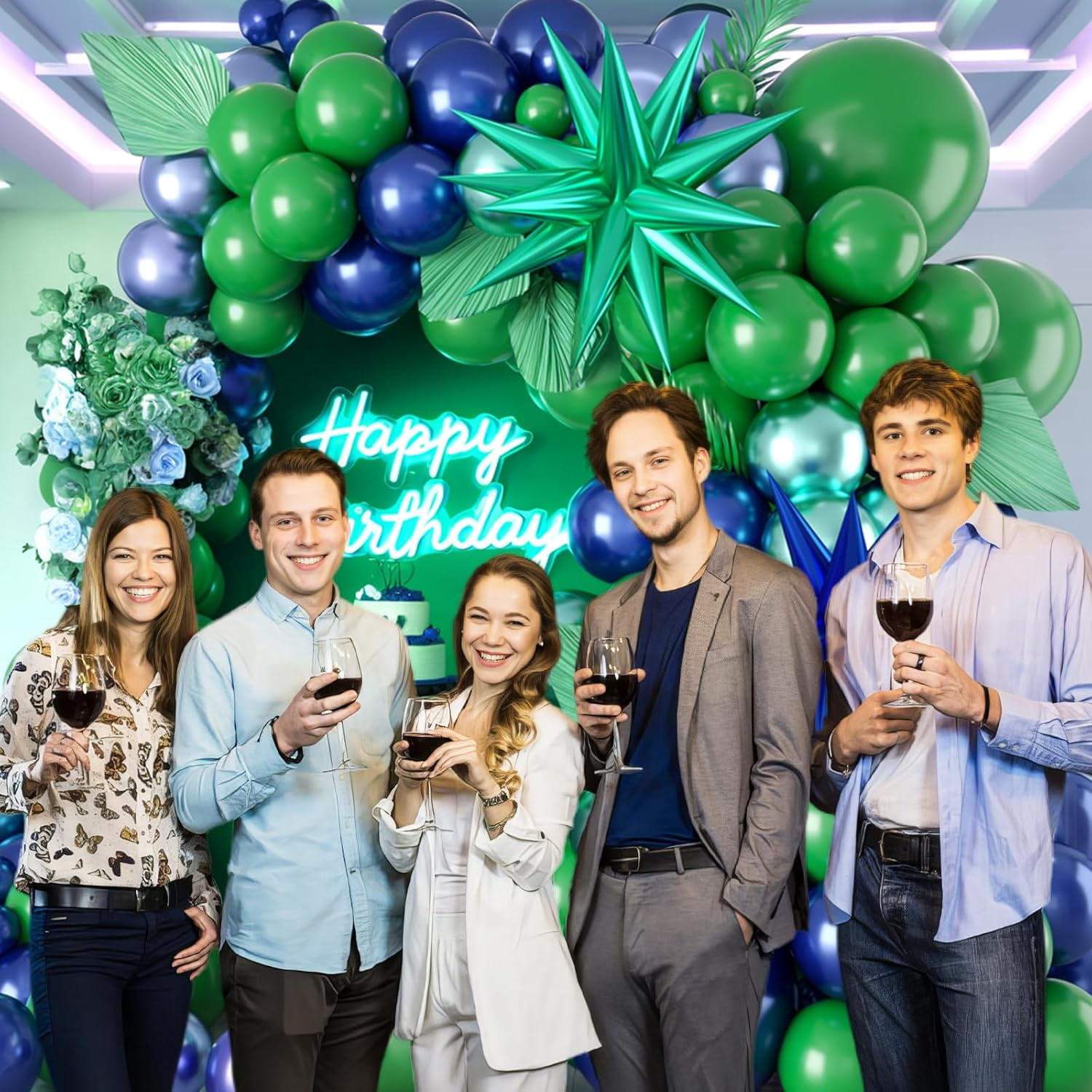 Blue and Green Balloon Arch Kit, Navy Blue Dark Green Balloon Garland Arch Kit with 4D Star Foil Balloon Confetti Balloons for Birthday Party Decor Jungle Safari Graduations