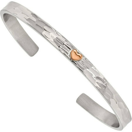 Primal Steel Stainless Steel Polished Rose IP-Plated Hammered Heart Cuff Bangle