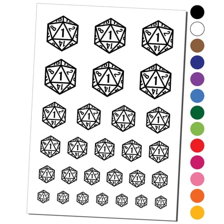 D20 20 Sided Gaming Gamer Dice Critical Fail Water Resistant Temporary Tattoo Set Fake Body Art Collection - Black