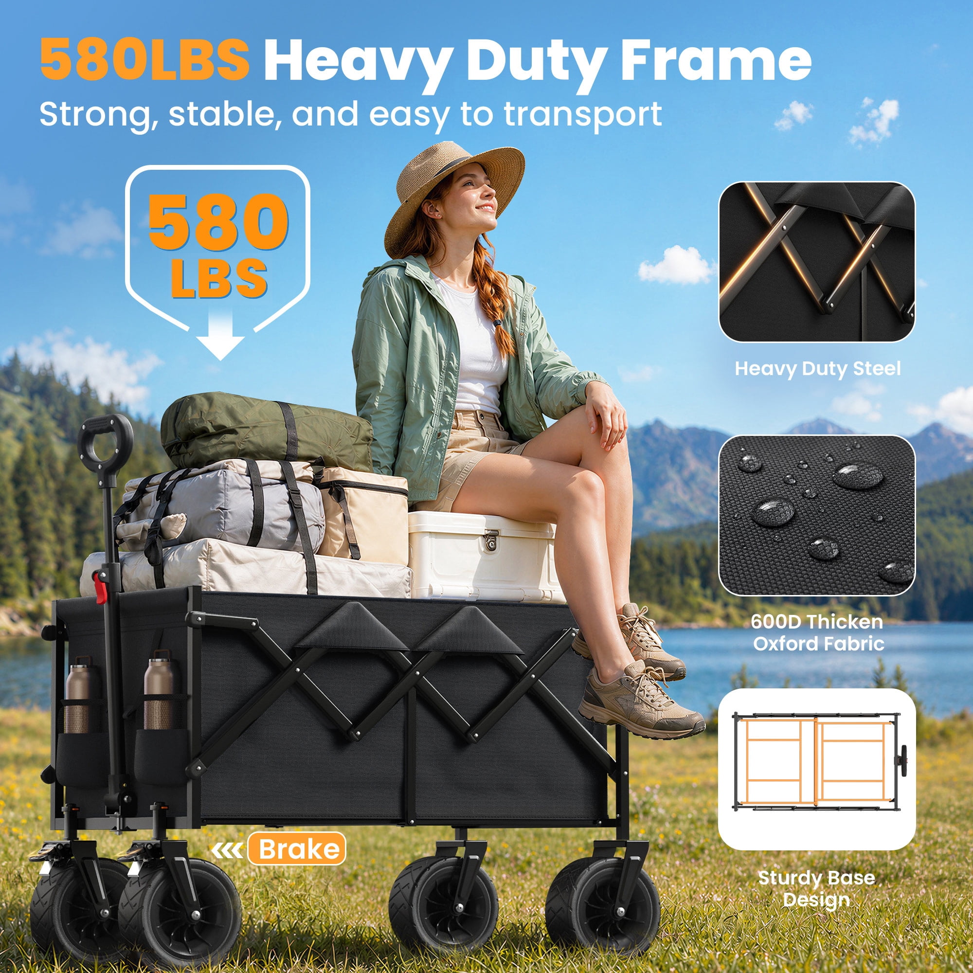 Goosiay Collapsible Wagon Cart, 580lbs Heavy Duty Utility Cart, 170L Large Capacity Folding Garden Wagon with All-Terrain Brake Wheels for Grocery, Shopping, Garden, Sports, Camping, Black