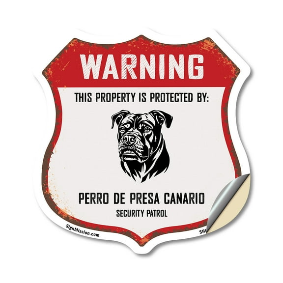 Warning This Property is Protected by Perro De Presa Canario (2 Pack) 4 inch X 4 inch Shield Shaped Heavy Duty 3.2 mil Vinyl Decals Weather Resistant Made in the USA