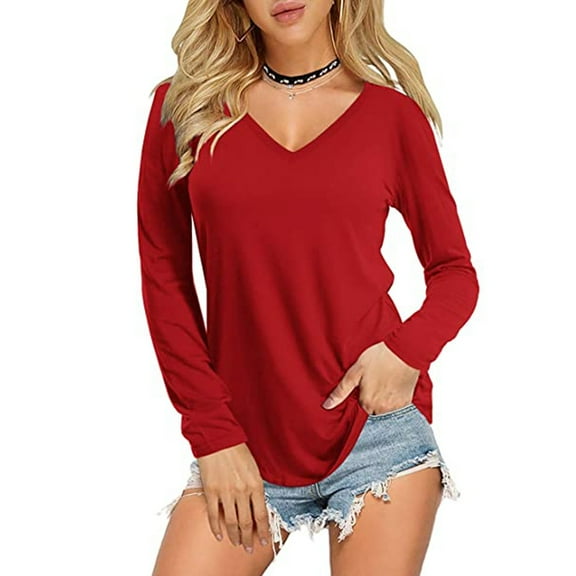 Gerichy Long Sleeve Shirts for Women Casual V Neck Tops Tee Solid Color Blouses Hoodies for Women Long Sleeve Shirts for Women