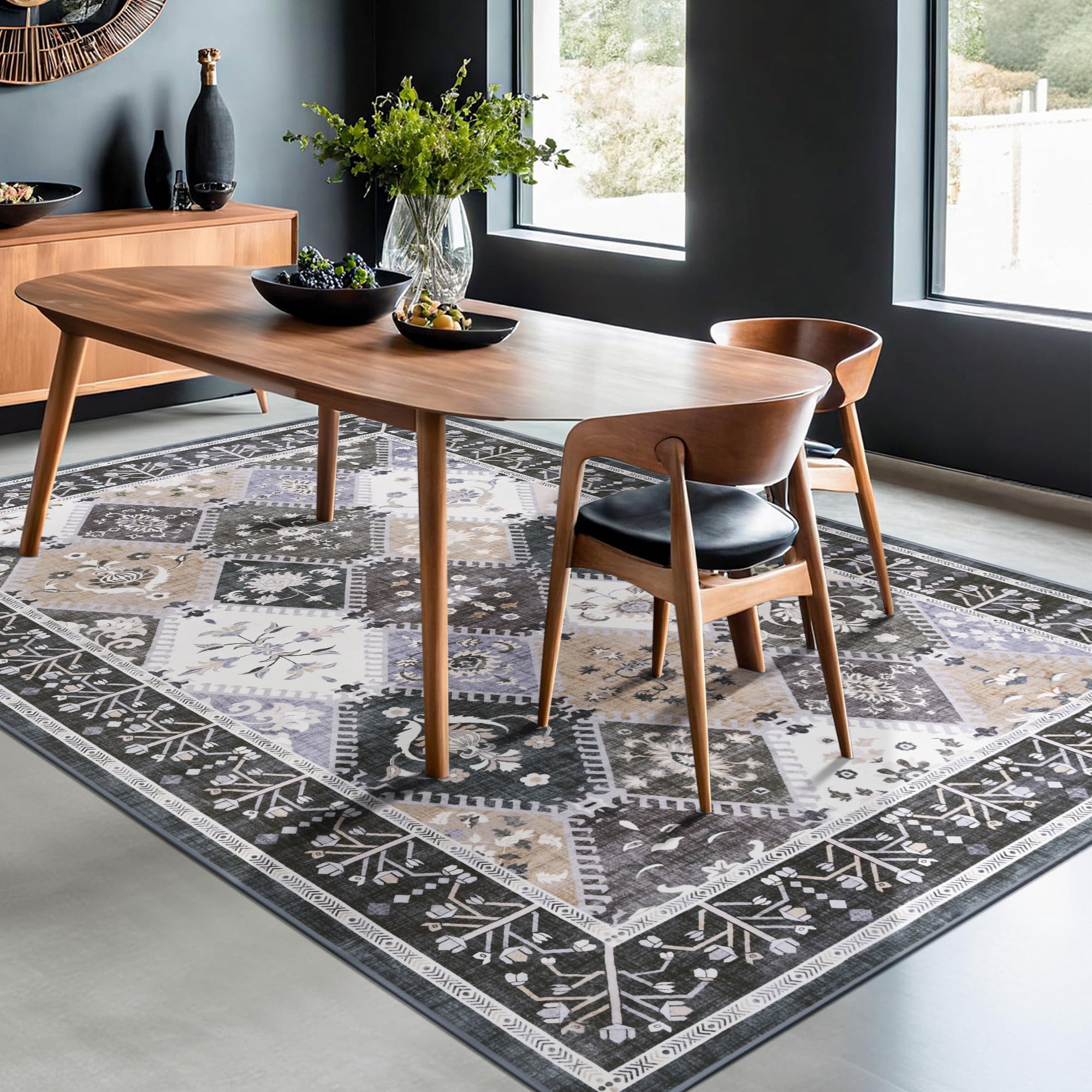 Wondo Moroccan Vintage Trellis Area Rug - Machine Washable Non-Slip Low-Profile 5x8 Floor Carpet for Living Room, Bedroom, Dining Room, Office & Nursery, Gray