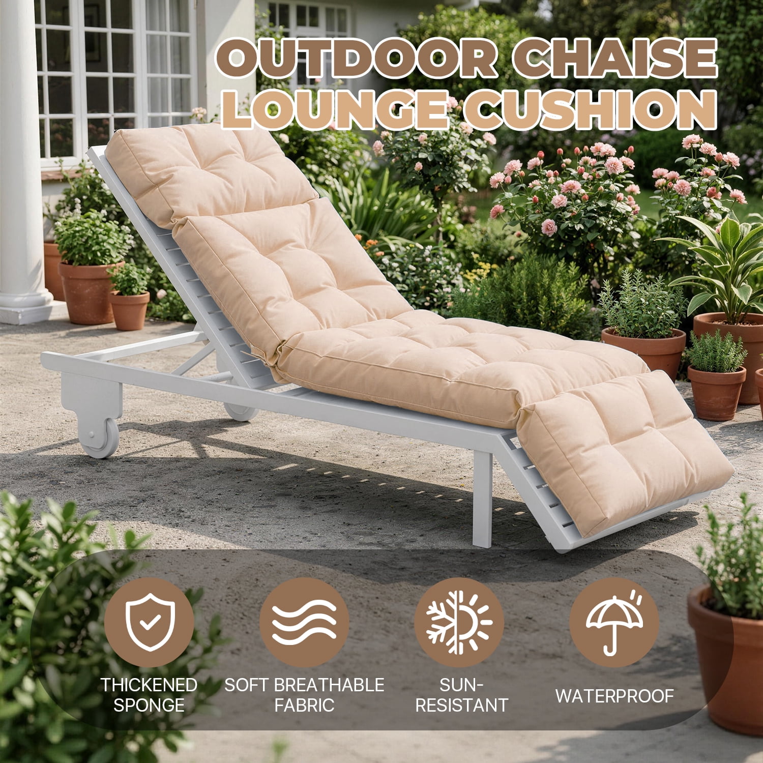 BaPiPro All-Weather Outdoor Chaise Lounge Cushion, Secure-Tie Patio Recliner Cushion with Plush PP Cotton Support for Patio, Poolside & Balcony, Beige
