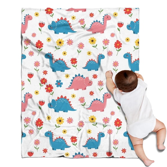 White Cartoon Dinosaurs Flowers Pattern Blanket,Comfortable Soft Flannel Throw Blanket,All Season,Warm Lightweight Blankets for Sofa Bed Couch Living Room Chair,30"x40"