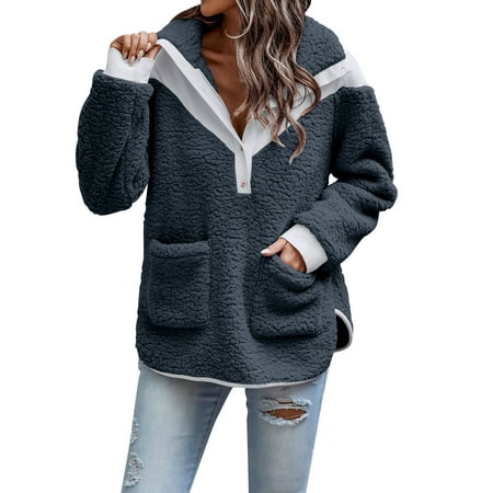 

HSMQHJWE Scrubs Jacket For Women Outerwear For Women Womens Long Sleeve Color Contrast Botton Pullover Top Wool Sweatshirt Flannel Hoodies Women