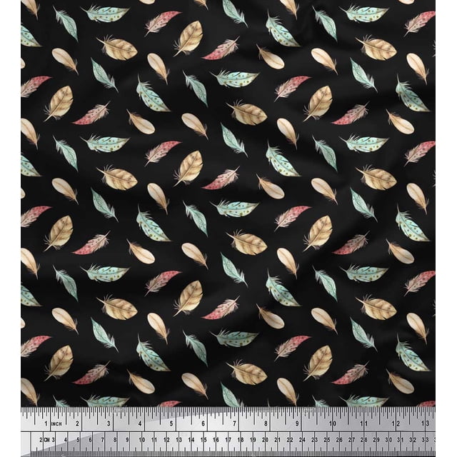 Soimoi Black Heavy Canvas Fabric Artistic Feather Print Sewing Fabric Yard 58 Inch Wide