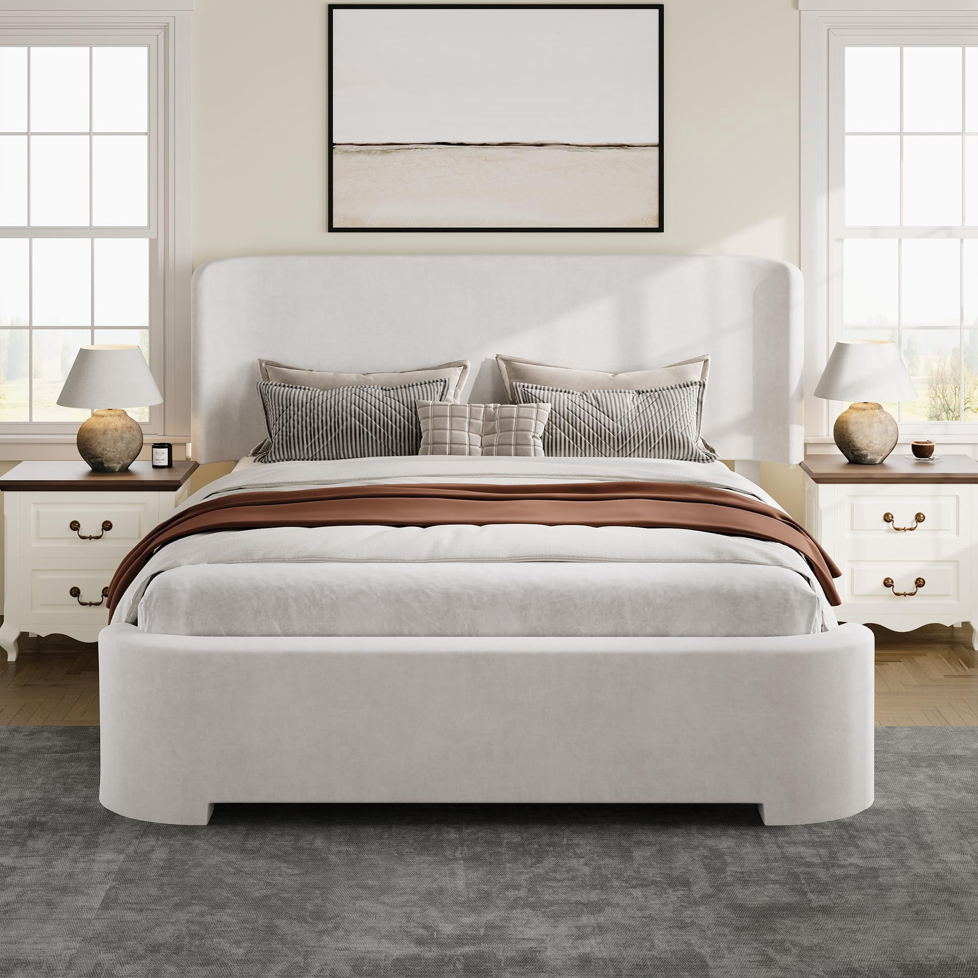 4 Ever Winner Queen Size White Velvet Bed Frame, Elegant Curved Upholstered Bed Frame with Rounded Safety Corners, Stable Noise-Free Platform Bed Frame, Easy Assembly, White Bedroom Bed