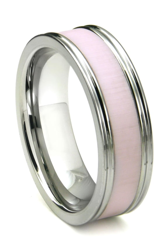Tungsten Carbide Pink Ceramic Inlay Wedding Band Ring with Horizontal Satin Finish Sz 8.0