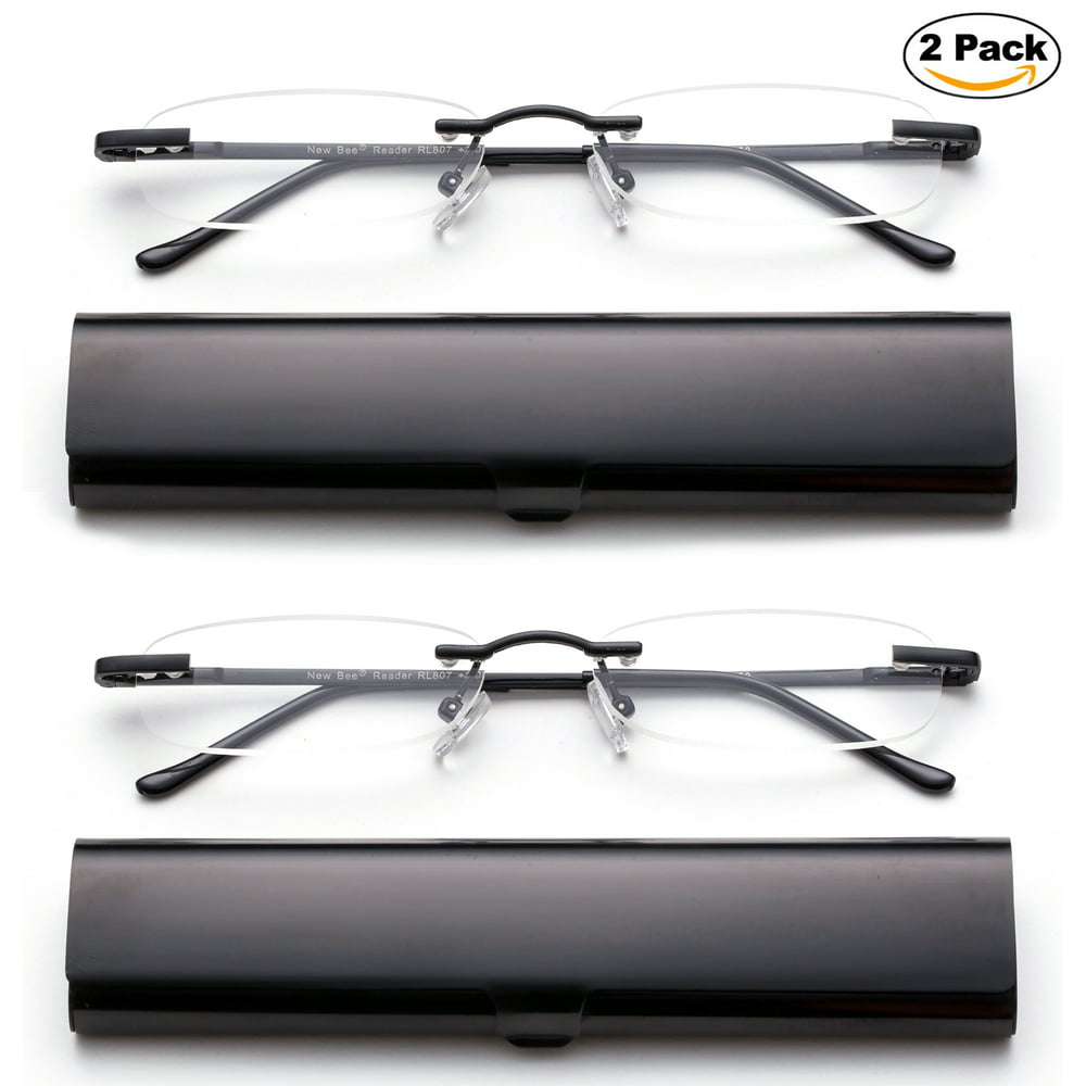 Newbee Fashion Portable Compact Reading Glasses In Aluminum Case Metal Rectangle Rimless Reading