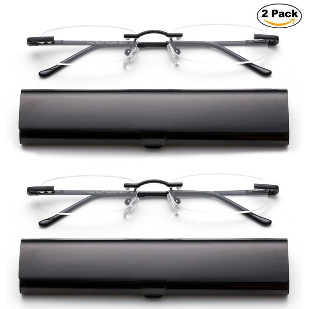 Newbee Fashion Portable Compact Reading Glasses In Aluminum Case Metal Rectangle Rimless Reading 6067