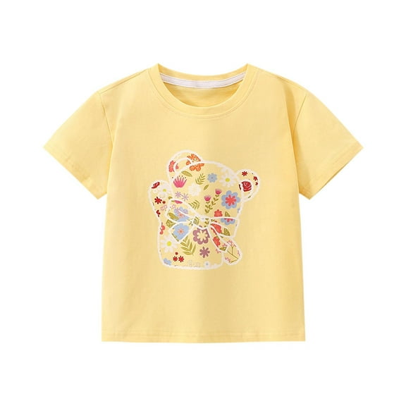 SGFCWSX Girls Short Sleeve T-Shirt, Kids Cotton Graphic Print Summer Breathable Top, Casual Everyday Wear Yellow Size 5-6 Years