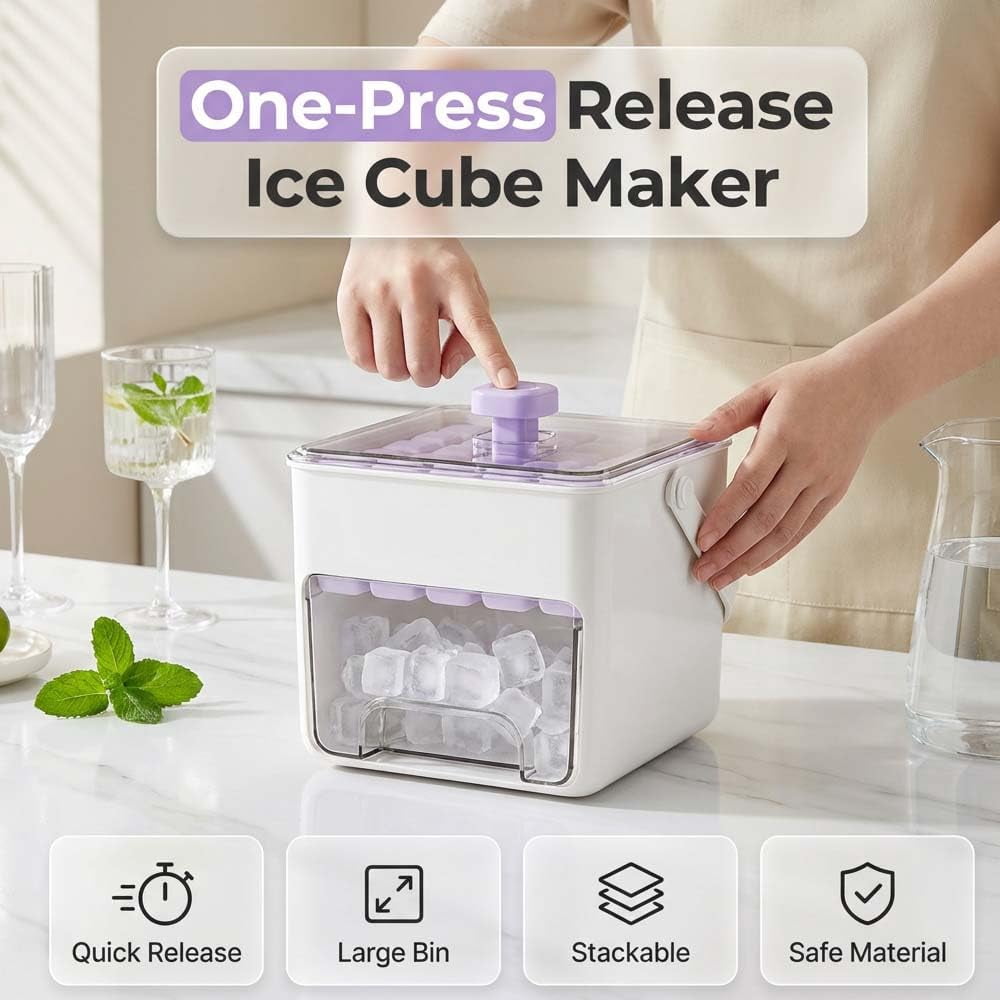 50 Cube Ice Maker with Easy Press Lid and Storage Bin, Double-Deck Tray