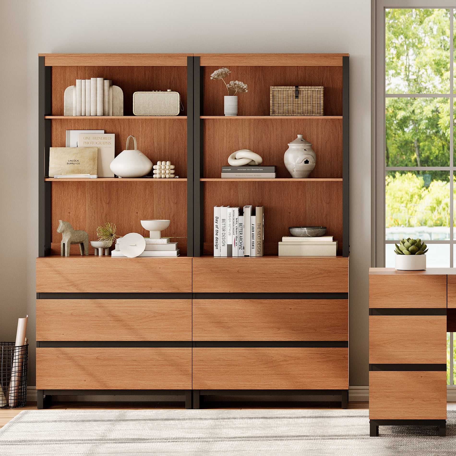 WAMPAT 2-Piece Modern 72" Tall Freestanding Bookcase，6 Drawers, Open Shelves & Storage Cabinet with Metal Base，Wood Library Bookshelf for Home Office & Living Room