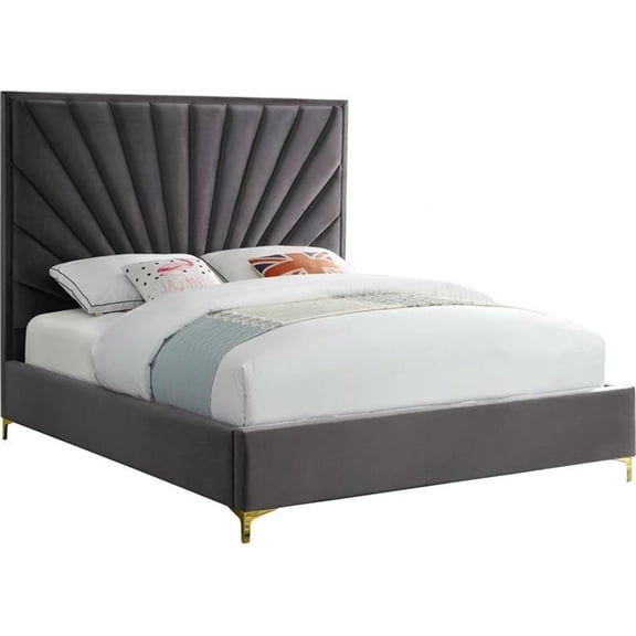 Maklaine Contemporary Solid Wood and Velvet King Bed in Gray