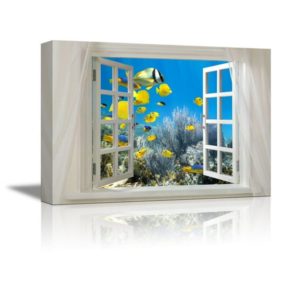 wall26 Glimpse into Deep Sea View and Tropical Fish Out of Open Window - Canvas Art Wall Art - 24" x 36"
