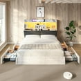 thumbnail image 3 of VanAcc King Farmhouse Bed Frame with Bookcase Headboard and 4 Drawers, LED Storage Bed with Charging Station & Linen Upholstered, Distressed White, 3 of 10